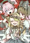  3girls absurdres alternate_costume angels_of_delusion aqua_hair aqua_streaks aria_(zenless_zone_zero) black_bow black_choker black_dress black_gloves black_hair black_hairband blue_eyes bow choker closed_eyes colored_inner_hair commentary_request dress earrings elbow_gloves eyewear_on_head gloves green_eyes green_halo green_nails hair_between_eyes hair_bow hairband halo highres holding holding_trophy jewelry looking_at_another multicolored_hair multicolored_nails multiple_girls nangong_yu one_eye_closed pink-framed_eyewear pink_hair pink_nails quad_tails red_eyes sparkle star-shaped_pupils star_(symbol) streaked_hair sunna_(zenless_zone_zero) symbol-shaped_pupils tearing_up trophy user_hgfp5375 v white_wings wings zenless_zone_zero 