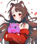  1girl absurdres ahoge animal_ears bare_shoulders blush brown_hair hair_between_eyes heart heart_ahoge highres indie_virtual_youtuber long_hair long_sleeves momote_(vtuber) petals red_eyes red_sweater skunk_ears skunk_girl sleeves_past_wrists solo strapless sweater virtual_youtuber white_background white_hair yenkoes 