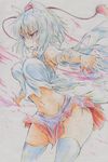  absurdres animal_ears blush breasts colored_pencil_(medium) detached_sleeves exploding_clothes hat highres inubashiri_momiji kitazinger large_breasts navel open_mouth red_eyes short_hair silver_hair skirt solo tail tokin_hat torn_clothes touhou traditional_media white_hair wolf_ears wolf_tail 