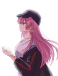  1girl aikawa_megumi black_jacket from_side green_eyes heaven_burns_red jacket long_hair looking_up micchi_(koto_maple) open_clothes open_jacket pink_hair shirt simple_background white_background white_shirt 