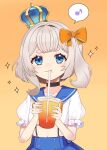  1girl black_choker blonde_hair blue_crown blue_eyes blue_sailor_collar blue_skirt bow bowtie choker crown cup drinking drinking_straw fish goldfish hair_bow highres marimari_(marimari_1.0)_(vtuber) marimari_(vtuber) mini_crown musical_note orange_bow orange_bowtie phase_connect sailor_collar shirt short_eyebrows side_ponytail skirt solo suspender_skirt suspenders tsukasa12598 virtual_youtuber white_shirt 