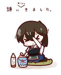  &gt;_&lt; bottle brain_freeze brown_hair bucket chibi closed_eyes cushion hand_on_own_head highres holding kaga_(kantai_collection) kantai_collection muneate nuu_(nu-nyu) shaved_ice side_ponytail simple_background sitting solo spoon translated trembling wavy_mouth white_background 