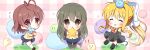  3girls :d ^_^ air_(visual_novel) antenna_hair black_boots black_dress black_pantyhose blonde_hair blue_skirt blush boots bow brown_eyes brown_hair chibi chibi_only clannad closed_eyes commentary_request company_connection crossover dango_daikazoku dress eyes_visible_through_hair floating_hair flying_sweatdrops full_body furukawa_nagisa green_hair hair_between_eyes hair_bow hair_ornament hair_ribbon hairclip happy haruchimo hikarizaka_private_high_school_uniform holding holding_star holding_stuffed_toy ibuki_fuuko jacket kamio_misuzu long_hair looking_at_viewer low-tied_long_hair medium_hair miniskirt multiple_girls open_mouth outstretched_arms pacifier pantyhose parallel_hairclips pinafore_dress pink_background plaid_background pleated_skirt ponytail puffy_short_sleeves puffy_sleeves purple_bow ribbon running school_uniform shirt short_sleeves sidelocks simple_background skirt sleeveless sleeveless_dress smile socks standing star_(symbol) stuffed_dinosaur stuffed_toy v-shaped_eyebrows very_long_hair white_ribbon white_socks yellow_jacket yellow_shirt |_| 