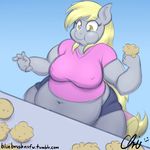  2014 anthro anthrofied blonde_hair blue_background clothing crispychris derpy_hooves_(mlp) equine female food friendship_is_magic fur grey_fur hair holding horse mammal muffin my_little_pony navel overweight plain_background pony sitting solo 