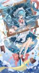  1girl 37_(a_gift_of_nourishment)_(reverse:1999) 37_(reverse:1999) :o absurdres aqua_eyes armin-arlertoooo artist_collaboration bell blue_background blue_dress blue_eyes blue_hair bow bowtie candy chest_bow chocolate cup dress drinking_glass food full_body fur-trimmed_socks furball gloves hair_bell hair_between_eyes hair_ornament heart heart-shaped_chocolate heart-shaped_food highres holding holding_food holding_ice_cream huge_bow ice_cream long_hair low_twintails official_alternate_costume oversized_food oversized_object picture_frame pink_bow pink_bowtie reverse:1999 san_sui_dingshang_ya short_sleeves sitting_on_food snow solo twintails two-tone_dress veil very_long_hair white_dress white_gloves white_headdress white_veil 