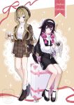  2girls :o absurdres alternate_costume backpack bag black_bag black_hair black_hat black_shoes black_skirt blue_eyes bow bowtie brown_hair brown_jacket brown_skirt camera character_charm character_name charm_(object) closed_mouth columbina_(genshin_impact) commentary_request cup disposable_cup full_body genshin_impact hair_bow hairband hand_up hat high_heels highres holding holding_camera holding_cup jacket lapels long_hair long_sidelocks long_sleeves looking_at_viewer mugita_(mokankan) multiple_girls notched_lapels purple_eyes purple_hair rolling_suitcase sandrone_(genshin_impact) shirt shoes short_hair_with_long_locks shoulder_bag sidelocks sitting skirt smile socks standing suitcase unusually_open_eyes very_long_hair watermark white_bow white_bowtie white_hairband white_shirt white_socks 