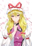  1girl absurdres blonde_hair bow breasts commentary dress falling_petals hair_between_eyes hair_bow hat hat_ribbon highres kaijiba large_breasts long_hair long_sleeves looking_at_viewer mob_cap petals pink_petals purple_tabard red_bow red_eyes red_ribbon ribbon solo tabard touhou upper_body v white_dress white_hat wide_sleeves yakumo_yukari 