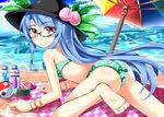  1up ass ball barefoot bespectacled bikini blue_hair bottle e.o. food fruit glasses hat hinanawi_tenshi long_hair looking_at_viewer looking_back peach red_eyes semi-rimless_eyewear solo swimsuit touhou trefoil umbrella under-rim_eyewear yin_yang 