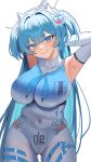  1girl absurdres animal_ear_headphones animal_ears arm_behind_back armpits arms_up ass_visible_through_thighs blue_eyes blue_neckerchief blush bodysuit breasts cat_ear_headphones cat_ears closed_mouth commentary_request covered_navel cowboy_shot detached_sleeves fake_animal_ears goddess_of_victory:_nikke headphones highres large_breasts looking_at_viewer mekami_shifty_(nikke) neckerchief number_print rakotis32566 shifty_(nikke) sidelocks smile solo standing two_side_up white_sleeves 