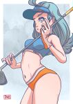  1girl absurdres ahoge blue_eyes blue_hair blue_hat blue_sports_bra fbs_13 flipped_hair golf_club hat highres holding holding_golf_club kahili_(pokemon) long_hair mole mole_under_eye orange_shorts pokemon pokemon_sun_and_moon shorts solo sports_bra visor_cap 