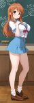  1girl absurdres ankle_socks asahina_mikuru blue_sailor_collar blue_skirt board_eraser breasts brown_eyes brown_hair brown_shoes chalk_drawing chalkboard classroom closed_mouth commentary full_body gibun_(sozoshu) hands_on_own_chest highres indoors kita_high_school_uniform large_breasts legs loafers looking_at_viewer pleated_skirt red_ribbon revision ribbon sailor_collar school_uniform serafuku shirt shoes short_sleeves skirt socks solo summer_uniform suzumiya_haruhi_no_yuuutsu thighs white_shirt white_socks 