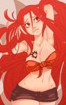  armpits bad_deviantart_id bad_id bare_shoulders breast_tattoo breasts cleavage fairy_tail flare_corona front-tie_top hands_in_hair large_breasts long_hair midriff navel red_eyes red_hair short_shorts shorts solo tattoo very_long_hair whistle_frog wide_hips 