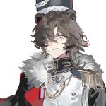  1boy aiguillette animal_ears antoly_(arknights) arknights bear_boy bear_ears black_hat black_jacket brown_hair chinese_commentary commentary_request epaulettes hair_over_one_eye hat highres jacket looking_at_viewer male_focus material_growth oripathy_lesion_(arknights) ronor3 short_hair simple_background smile solo upper_body white_background 