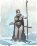  1girl armlet belt black_leotard blonde_hair blue_cape bracer brown_belt brunnhilde_(marvel) cape esad_ribic grey_background holding holding_polearm holding_weapon jewelry leotard looking_at_viewer marvel painting_(medium) polearm red_lips silver_armlet snow solo spear third-party_source thor_(marvel)_(series) traditional_media valkyrie_(marvel) watercolor_(medium) weapon western_comics_(style) 
