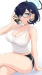  1girl black_hair black_shorts blonde_hair blue_archive blue_eyes breasts can canned_coffee chihiro_(blue_archive) cleavage closed_mouth collarbone colored_inner_hair crossed_legs drink_can glasses halo highres holding holding_can kadoonn multicolored_hair semi-rimless_eyewear short_hair shorts sitting solo tank_top white_tank_top 