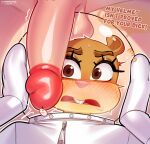 2026 absurd_res anthro armor artist_name big_penis blush bodily_fluids brown_body brown_eyes brown_fur buckteeth dialogue diving_suit duo eastern_grey_squirrel english_text erection eyebrows eyelashes female frown fur genital_fluids genitals grey_squirrel headgear helmet hi_res looking_at_genitalia looking_at_penis male male/female mammal nickelodeon open_mouth penis pink_nose precum rodent sandy_cheeks sciurid speech_bubble spongebob_squarepants teeth text tree_squirrel zexlynk