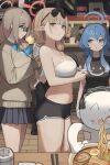  2boys 4girls absurdres akane_(blue_archive) ako_(blue_archive) black-framed_eyewear black_shirt black_shorts black_skirt blue_archive blue_eyes blue_hair blue_halo blue_scrunchie breasts brown_cardigan brown_hair cardigan chinatsu_(blue_archive) cleavage commentary dolphin_shorts dolri doodle_sensei_(blue_archive) eating food glasses grey_halo hair_ornament hair_scrunchie halo highres large_breasts mari_(blue_archive) multiple_boys multiple_girls noodles red_halo school_uniform scrunchie sensei_(blue_archive) shirt shorts skirt standing tank_top thighs udon white_tank_top 
