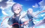  2girls bang_dream! bang_dream!_it's_mygo!!!!! bird black_choker black_shirt blue_serafuku blue_shirt blue_skirt choker cloud cloudy_sky commentary commission day falling_feathers feathers grey_hair grey_neckerchief hair_ribbon highres holding holding_microphone jacket looking_ahead looking_at_viewer luanluan_hua microphone multiple_girls neckerchief open_clothes open_jacket outdoors outstretched_arm outstretched_hand pleated_skirt purple_hair red_eyes red_ribbon ribbon school_uniform second-party_source serafuku shirt skirt sky string string_of_fate takamatsu_tomori togawa_sakiko twitter_username undershirt white_bird yellow_eyes 