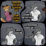 4_panel annoyed anthro balthy_(suitedwolfie) bottomwear buzzing canid canine canis cellphone clock clothing collared_shirt color_coded_text comic dialogue dress_shirt duo electronics english_text excited eye_bags fox grey_body hands_on_hips hands_together hi_res holding_cellphone holding_object holding_phone k_(suitedwolfie) looking_at_another looking_at_cellphone looking_at_object looking_at_phone male mammal motion_blur motion_lines multiple_scenes name_in_dialogue northwestern_wolf orange_body phone red_fox running shirt speech_bubble suitedwolfie sweater tail text topwear true_fox watch white_clothing white_shirt white_topwear wolf wristwatch
