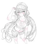  1girl andrea_(arazand) arazand belt bikini bikini_under_clothes blush breasts closed_mouth hair_between_eyes hand_on_own_knee highres long_hair looking_at_viewer navel open_fly original partially_colored shirt shorts simple_background small_breasts smile solo stomach swimsuit thigh_belt thigh_strap twintails very_long_hair visor_cap wet wet_clothes wet_shirt white_background 