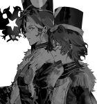  1boy 1girl absurdres animal_ears antoly_(arknights) arknights bear_boy bear_ears bear_girl character_request chinese_commentary commentary_request epaulettes from_side fur_trim greyscale hair_between_eyes hat highres jacket military_uniform monochrome mother_and_child mother_and_son multicolored_hair parent_and_child parted_lips profile ronor3 short_hair simple_background smile streaked_hair upper_body ursus_logo white_background 
