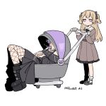  2girls bang_dream! bang_dream!_our_notes black_dress blush boots brown_dress brown_hair closed_mouth commentary dress fishnet_pantyhose fishnets guagua977 long_hair multiple_girls off-shoulder_dress off_shoulder pacifier pantyhose platform_boots purple_eyes pushing_stroller shinomiya_shizuku simple_background two_side_up untranslatable_commentary white_background yakura_yomogi 