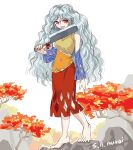  1girl artist_name autumn_leaves barefoot blue_sleeves breasts cleaver clothing_cutout commentary_request detached_sleeves diamond_cutout dress full_body grey_hair highres holding holding_cleaver leaf licking licking_weapon long_hair looking_at_viewer medium_breasts multicolored_dress nata_(tool) orange_dress outdoors red_eyes s-a-murai sakata_nemuno smile solo toes tongue tongue_out touhou very_long_hair wavy_hair weapon yellow_dress 