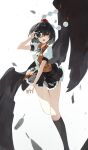  1girl absurdres bird_wings black_feathers black_hair black_ribbon black_skirt black_socks black_wings brown_eyes camera chinese_commentary commentary_request falling_feathers feathers frilled_skirt frills hat highres holding holding_camera kenkxx kneehighs leg_up long_legs looking_at_viewer miniskirt multicolored_shirt multicolored_skirt neck_ribbon open_mouth pom_pom_(clothes) puffy_short_sleeves puffy_sleeves red_hat ribbon shameimaru_aya shirt short_sleeves skirt socks solo taking_picture tokin_hat touhou white_shirt wings 