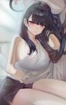  1girl bare_arms bare_legs bed_sheet black_hair black_halo black_shorts blue_archive blunt_bangs blunt_ends breasts closed_mouth halo hand_in_own_hair highres large_breasts long_hair looking_at_viewer multicolored_halo on_bed pillow red_halo shorts sideways solo tank_top thighhighs two-tone_halo white_tank_top yoco0917 