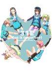 6+girls absurdres ahoge aqua_eyes aqua_jacket aqua_shirt aqua_skirt aqua_vest arm_warmers bike_shorts black_boots black_hat black_shorts black_socks blonde_hair boots braid breasts brown_hair collared_shirt commentary_request crocs english_text fish_hair_ornament forehead full_body green_arm_warmers green_eyes green_hair green_streaks hair_bun hair_ornament hair_slicked_back hairband half_up_braid hat heart heaven_burns_red highres holding_hands jacket kankitsu_o kneehighs knees_up large_breasts legs_together long_hair looking_at_another looking_at_viewer medium_skirt miniskirt multicolored_hair multiple_girls ooshima_ichiko ooshima_isuzu ooshima_minori ooshima_muua ooshima_niina ooshima_yotsuha outstretched_arms outstretched_leg pink_eyes pink_hair pleated_skirt red_eyes sextuplets shirt shoe_soles short_hair shorts siblings sidelocks simple_background single_hair_bun sisters sitting skirt sleeveless sleeveless_shirt socks straight_hair streaked_hair stuffed_animal stuffed_cat stuffed_toy team_31e_(heaven_burns_red) thighhighs track_jacket two_side_up very_long_hair vest white_background white_hairband white_shirt white_thighhighs yellow_eyes zettai_ryouiki 