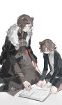  1boy 1girl absurdres aged_down animal_ears antoly_(arknights) arknights bear_boy bear_ears bear_girl black_jacket black_pants black_skirt book breasts brown_hair character_request child chinese_commentary closed_mouth coat coat_on_shoulders collared_shirt commentary_request full_body fur-trimmed_coat fur_trim glasses hair_over_one_eye highres jacket long_sleeves looking_down medium_breasts mother_and_child mother_and_son open_book pants parent_and_child ronor3 shirt short_hair simple_background sitting skirt white_background white_shirt 