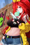  1girl arm_tattoo black_gloves black_sports_bra blue_shorts breasts brick_wall chewing_gum cleavage elly_(1st_costume)_(vtuber) elly_(vtuber) gloves graffiti green_eyes gun handgun indie_virtual_youtuber jacket large_breasts long_hair mista_333 ponytail red_hair shorts sports_bra tattoo virtual_youtuber weapon yellow_jacket 