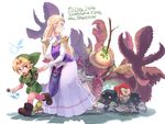  2boys ario blonde_hair blood blue_eyes boots bottle dress earrings elbow_gloves fairy games_done_quick ganondorf gerudo gloves gohma hat holding_hands jewelry link long_hair multiple_boys navi open_mouth pincers pointy_ears princess_zelda surprised sweatdrop the_legend_of_zelda the_legend_of_zelda:_ocarina_of_time white_gloves x_x 