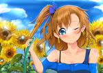  ;) bad_id bad_pixiv_id blue_eyes blush brown_hair closed_mouth cloud collarbone day earrings flower hose jewelry kousaka_honoka love_live! love_live!_school_idol_project off_shoulder one_eye_closed one_side_up portrait short_hair sky smile solo sparkle sunflower velia 