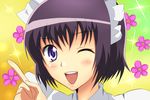  1girl blush flower hyoudou_satsuki kaichou_wa_maid-sama! maid maid_headdress one_eye_closed open_mouth purple_eyes purple_hair short_hair wink yellow_background 