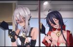  2girls :d :| absurdres ahoge black_gloves black_hair breasts ceiling_light chest_harness cleavage closed_eyes closed_mouth commentary commission dirty dirty_face english_commentary furrowed_brow gloves grey_hair hair_between_eyes harness head_tilt highres holding holding_spatula indoors jacket jewelry long_hair multiple_girls necklace o-ring_necktie original partially_fingerless_gloves pearl_necklace purple_eyes red_jacket scar scar_across_eye scar_on_face sevi_(koiseviest) sewwuu shirt short_hair_with_long_locks sleeveless sleeveless_shirt small_breasts smile spatula umme_passer_(someonestoleune) upper_body white_shirt 