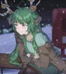  1girl animal_ears antler_ornament antlers bench brown_jacket closed_mouth deer_ears fatpenguinz flower green_eyes green_hair green_skirt green_sweater haruka_karibu highres horns jacket light_smile long_hair looking_to_the_side night reindeer_antlers reindeer_girl scarf sitting skirt snow snowing sweater virtual_youtuber vshojo wooden_bench yellow_flower 
