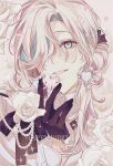  12_myurume 1boy androgynous bishounen black_gloves black_ribbon blue_hair blush bracelet character_name collared_shirt earrings english_text flower gem gloves hair_over_one_eye hair_ribbon hair_rings happy_birthday heart heart-shaped_gem heart_earrings highres holding holding_gem holostars jewelry long_hair long_sleeves low_ponytail male_focus multicolored_hair pearl_(gemstone) pearl_hair_ornament pink_hair ponytail portrait ribbon rose shirt single_hair_ring smile solo utsugi_uyu virtual_youtuber white_eyes white_flower white_hair white_rose white_shirt 