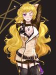  blonde_hair bn_lorrie breasts cleavage finger_gun fingerless_gloves garter_straps gloves jewelry large_breasts long_hair necklace one_eye_closed purple_eyes rwby solo thighhighs very_long_hair yang_xiao_long 