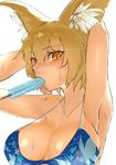  animal_ears animal_print armpits arms_behind_head arms_up bikini blonde_hair blue_swimsuit blush breasts butterfly_print cleavage collarbone food fox_ears kinketsu large_breasts mouth_hold popsicle simple_background slit_pupils solo strap_gap swimsuit touhou wet white_background yakumo_ran yellow_eyes 