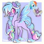 1:1 2026 3ggmilky accessory blue_hair blue_wings cel_shading closed_smile crossover digital_drawing_(artwork) digital_media_(artwork) eeveelution eyelashes feathered_wings feathers female female_feral feral friendship_is_magic fusion generation_1_pokemon hair hair_accessory hair_tie hasbro hi_res highlights_(coloring) hooves mouth_closed multicolored_highlights my_little_pony nintendo pink_eyes pokemon pokemon_(species) purple_background purple_body quadruped rainbow_dash_(mlp) rainbow_highlights reference_image shaded side_view simple_background smile solo standing tan_hooves tied_hair toony vaporeon wings