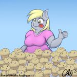  2014 anthro anthrofied blonde_hair blue_background clothing crispychris derpy_hooves_(mlp) duo equine female food friendship_is_magic fur grey_fur hair horse mammal muffin my_little_pony plain_background pony tongue tongue_out 