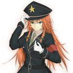  alternate_costume aqua_eyes belt blouse braid colored_eyelashes gloves hair_ribbon hat hong_meiling jacket long_hair military military_hat military_uniform necktie north red_hair ribbon smile solo star touhou tress_ribbon twin_braids uniform white_background white_gloves 