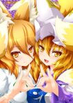  2girls :d animal_ear_fluff animal_ears asymmetrical_docking blonde_hair blue_tabard breast_press breasts closed_mouth dot_nose eyelashes fang fox_ears fox_girl fox_shadow_puppet fox_tail green_ribbon hair_between_eyes hat highres kazami_karasu kitsune kudamaki_tsukasa kyuubi large_breasts light_blush long_hair_between_eyes long_sleeves looking_at_viewer medium_hair mob_cap multiple_girls multiple_tails open_mouth purple_background ribbon romper short_sleeves skin_fang small_breasts smile tabard tail touhou white_romper white_trim wide_sleeves yakumo_ran yellow_eyes 
