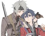 2boys ahoge black_headband brown_coat brown_gloves closed_mouth coat crow_armbrust curtained_hair double-parted_bangs eiyuu_densetsu fur_collar gloves grey_hair hair_between_eyes headband highres holding holding_behind_back holding_sword holding_weapon holding_weapon_behind_back jewelry light_smile long_sleeves male_focus multiple_boys necklace parted_bangs parted_lips pendant purple_eyes rean_schwarzer red_coat red_eyes sen_no_kiseki_(series) sen_no_kiseki_ii simple_background sword sword_tassel tachi_(weapon) tassel toramaru_(696anna) upper_body weapon weapon_tassel white_background 