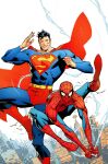  2boys blue_bodysuit bodysuit cape dc_comics highres jorge_jimenez male_focus marvel multiple_boys muscular muscular_male print_bodysuit red_cape spider-man spider-man_(series) superhero_costume superman superman_(series) superman_logo 