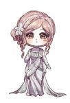  1girl bare_shoulders blush_stickers brooch brown_eyes chibi chinese_commentary choker closed_mouth commentary_request daughter_of_the_kingdom_(infinity_nikki) dot_nose dress elbow_gloves expressionless eyelashes flower flower_brooch formal_clothes gloves hair_bun hair_flower hair_ornament hairband haiyang_liuhuo hand_on_own_shoulder infinity_nikki jewelry lace_hairband light_blush lily_(flower) long_dress looking_at_viewer nikki_(nikki) nikki_(series) pink_hair sash short_hair sidelocks simple_background single_blush_sticker single_side_bun sleeveless sleeveless_dress solo standing straight-on wavy_hair white_background white_choker white_dress white_flower white_gloves white_hairband white_sash 