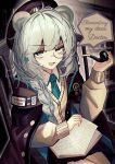  1girl absurdres animal_ears arknights bear_ears bear_girl blue_eyes blue_hair book coat glass hat highres holding holding_book holding_smoking_pipe istina_(arknights) library monocle_chain penguin4 smile smoking_pipe star_(symbol) star_sticker sticker 