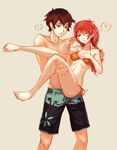  1boy 1girl ? bad_id bad_pixiv_id barefoot bikini breasts brown_hair carrying closed_eyes highres low_twintails princess_carry red_hair saimon_ma shirtless shorts small_breasts spoken_exclamation_mark spoken_question_mark swimsuit toes twintails 