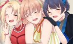  3girls :d ^_^ awoke_(love_live!) bead_necklace beads black_gloves black_jacket black_ribbon blonde_hair blue_hair blush choker closed_eyes commentary_request do!_do!_do!_(love_live!) dress fang gloves gradient_hair hair_ribbon hairband hand_on_another's_shoulder hasu_no_sanrenka hinoshita_kaho jacket jewelry love_live! love_live!_hasu_no_sora_jogakuin_school_idol_club low_twintails multicolored_hair multiple_girls murano_sayaka necklace open_mouth orange_choker orange_hair orange_ribbon osawa_rurino red_dress ribbon ribbon_choker roku_aya_fuyu short-sleeved_jacket short_sleeves single-shoulder_dress sleeveless sleeveless_dress smile suisai_sekai twintails upper_body virtual_graduation_commemoration virtual_youtuber white_dress yellow_hairband 